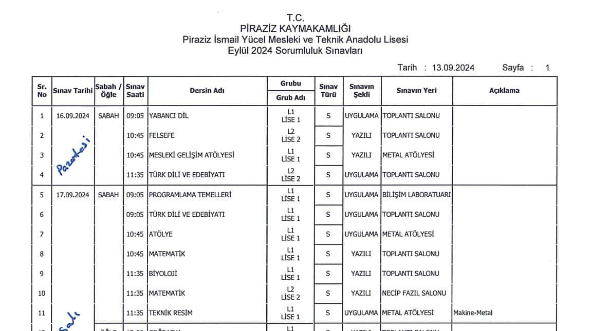 Eylül 2024 Sorumluluk Sınavı Programı